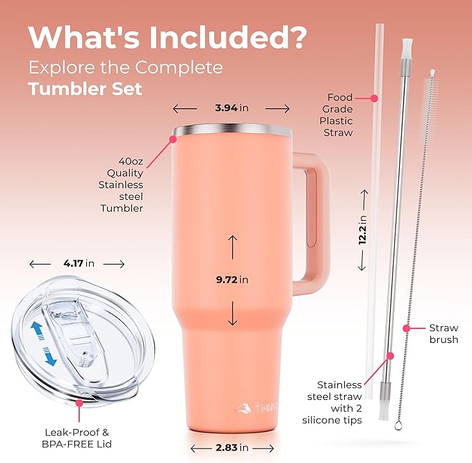 40 oz Tumbler With Handle and Straw Made of Stainless Steel - Double Wall Vacuum Insulated Tumbler With Lid - Sweat Proof Easy Grip, BPA-Free, Dishwasher Safe Tumbler (Peach)