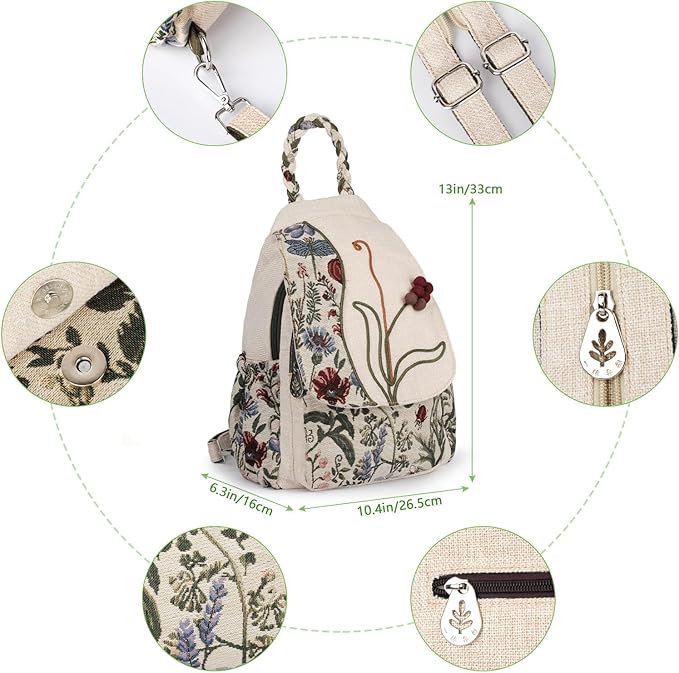 Ladys Convertible Sling Bag, Hand Craft Artisan Purse, Beautiful Grape Flower Canvas Premium Casual Day Mini Backpack for women