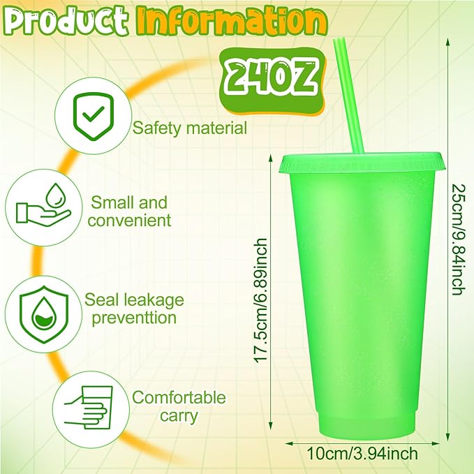 Honeydak 60 Pack Tumbler with Straw and Lid Bulk Glitter Plastic Cups Water Bottle Iced Coffee Travel Mug Reusable Party Favor Cups for Birthdays travel 24-27 oz (Fluorescent Green)