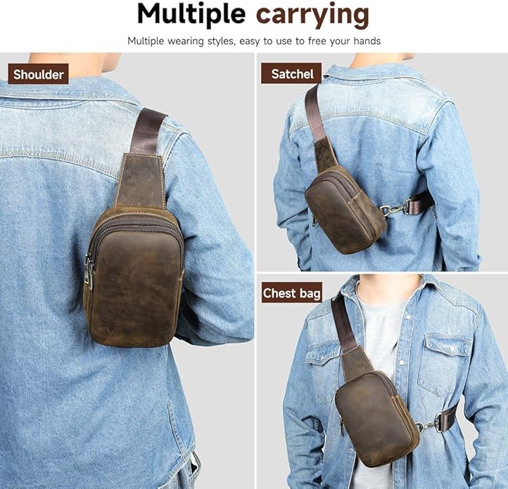 Genuine Leather Sling Bags for Men Crossbody Purse Vintage Small Messenger Shoulder Bag for Phone Side Chest Daypack Bag