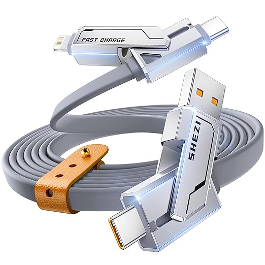 [2025 Upgrade] 4-in-1 USB C Cable 240W 5FT Compatible With Lightning Cable [Fast Charging & Data Transfer] Flat Type C/A to C/L Cord for iPhone/iPad, Multi Charger Wire Combo for All Devices (Grey)