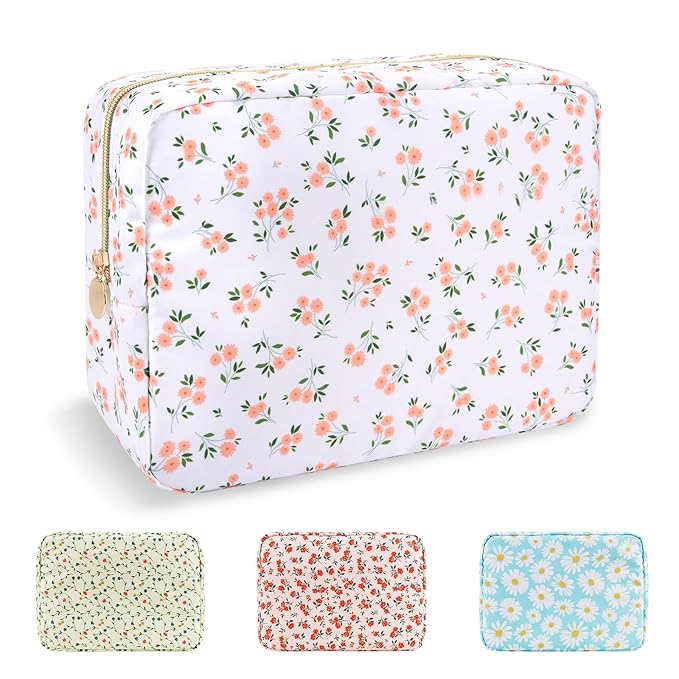 Waterproof Large Floral Makeup Pouch,Nylon Travel Toiletry Storage Purse Preppy Cosmetic Bag for Women Girl,Large Capacity Makeup Organizer Zipper Pouch for Work(L White-Flowers)