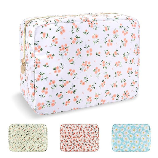 Waterproof Large Floral Makeup Pouch,Nylon Travel Toiletry Storage Purse Preppy Cosmetic Bag for Women Girl,Large Capacity Makeup Organizer Zipper Pouch for Work(L White-Flowers)