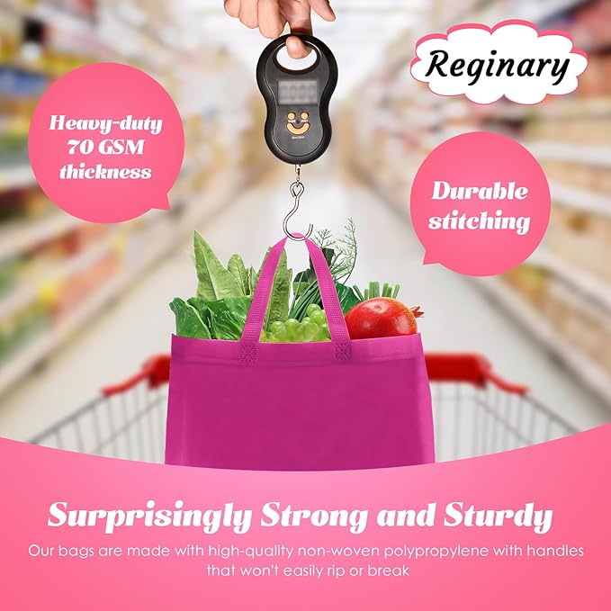 Reginary Reusable Totes Bags - 100 Pcs Non Woven Grocery Handle Bags for Shop Events & Retail Store (Rose Pink)