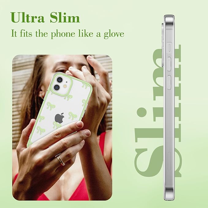 EYZUTAK Case for iPhone 12, Clear Cute Ribbon Bowknot Pattern Aesthetic Transparent Phone Case Raised Camera Protection Stylish Slim Soft Durable TPU Protective Cover for Women Girls - Green
