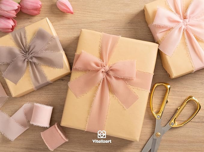 Vitalizart Dusty Rose Handmade Chiffon Silk Ribbon Fringe 1.5" x 21 Yd Frayed Edges Brown Ribbons for Wedding Invitations Bridal Bouquets Gifts Wrapping Crafts Holiday Party Decorations Nude Pink