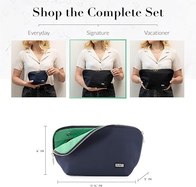 KUSSHI Washable Travel Makeup & Cosmetic Bag - Brush Organizer Sold Separately (Signature, Navy/Mint)