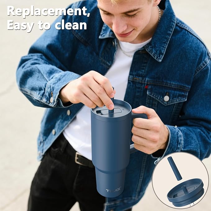 TILUCK 40 oz Tumbler with Handle, Vacuum Insulated Stainless Steel Travel Mug with 100% Leak-Proof Silicone Straw Lid, Cupholder Friendly Water Bottle(DarkBlue, 40oz)