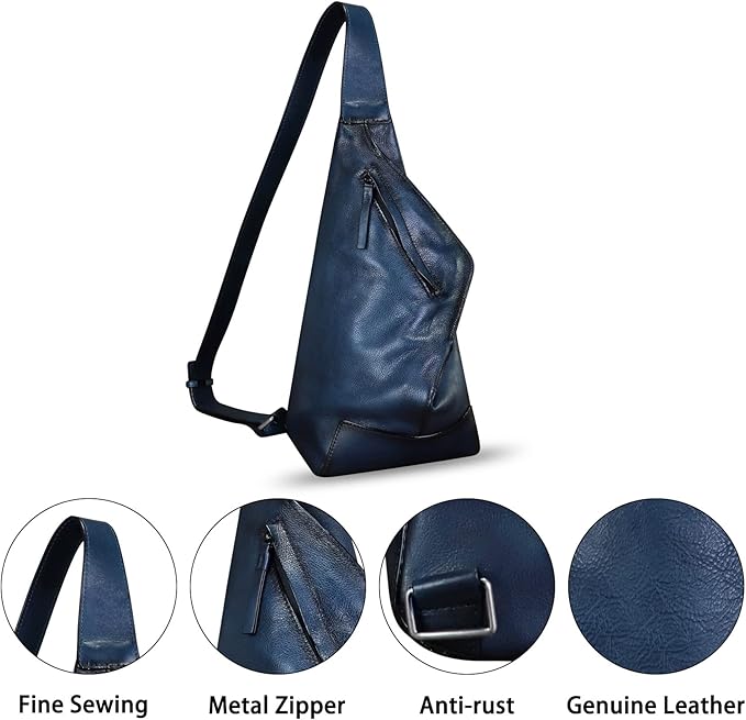 Genuine Leather Sling Bag for Men and Women Vintage Full Grain Leather Sling Purse Chest Daypack Over Shoulder Crossbody Bag (Navy)