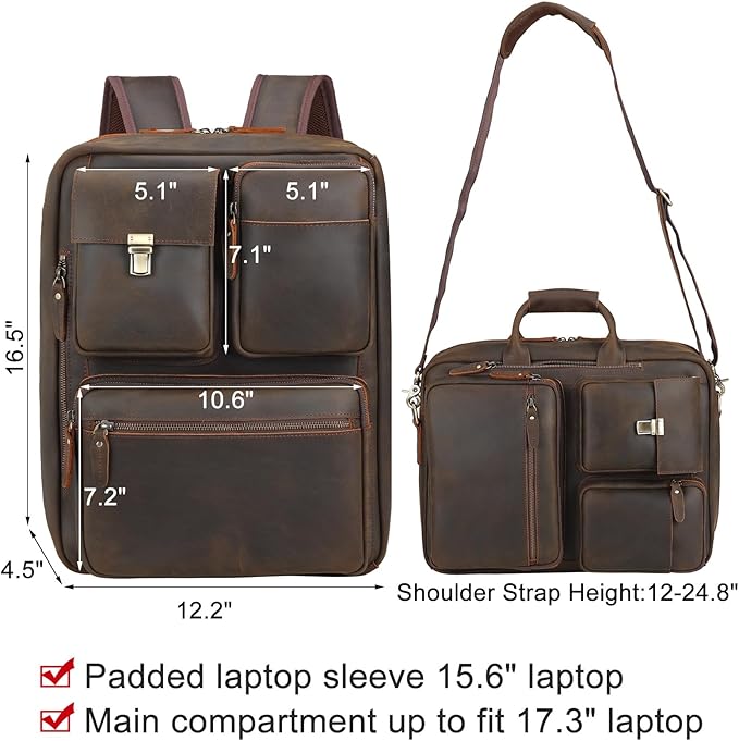 TIDING Men's Leather Convertible Backpack 15.6 Inch Laptop Briefcase Messenger Bag Work Business Travel Rucksack