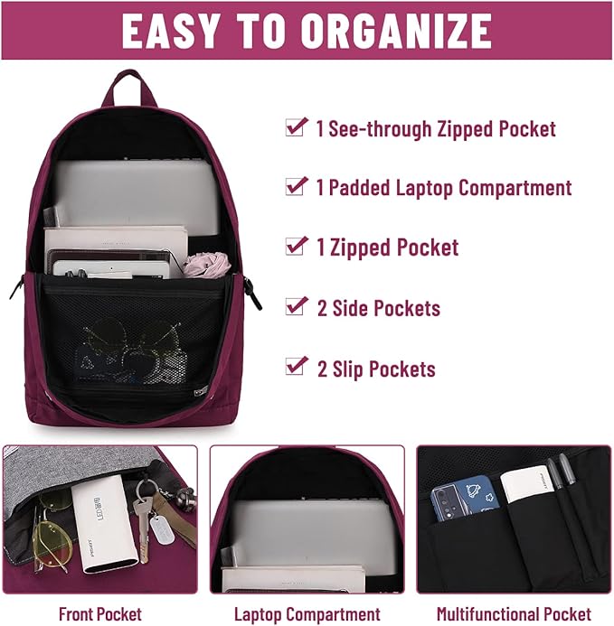 Backpack for Men Women,VASCHY Water-Resistant School Backpack Bookbag Schoolbag Casual Daypack Work Burgundy