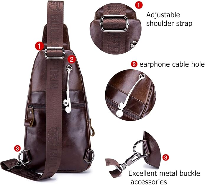 BULLCAPTAIN Genuine Leather Men Sling Bag Travel Crossbody Chest Bag Large Capacity Casual Hiking Daypack