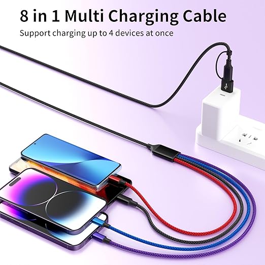 Travel 4 in 2 Multi Charging Cable with Dual IP, Tinned Copper Multi Phone Chargers for All Devices with IP/IP/Type C/Micro Port, Compatible with Most Cell Phones/Tablets and More (1Pack, 5FT)