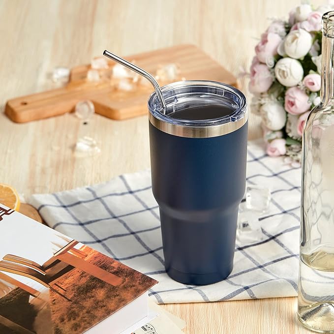 COMOOO 30oz Tumbler Stainless Steel Insulated Tumbler with Lid Double Wall Vacuum Coffee Cup Large Travel Mug for Home, Office, School,Party (Navy, 8 Pack)