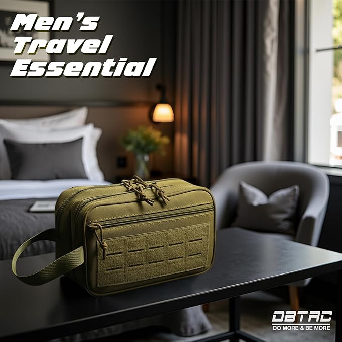 DBTAC Tactical Toiletry Bag for Men | Dry Wet Separate Hygiene Bag Compact Dopp Kit Mens Shaving Kit Travel shower Bag (Tan)