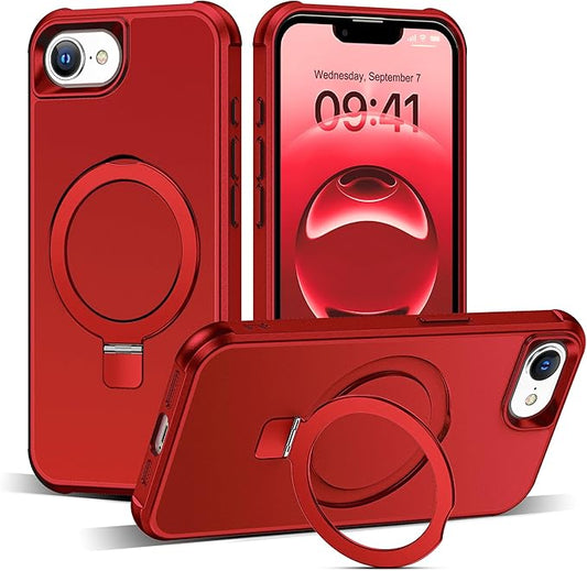 Compatible with iPhone 16E Case with Invisible Magnetic O-Ring Stand Military-Grade Case for iPhone 16E 6.1" 2025 [Compatible with Mag-Safe][Great Grip Feeling], Red