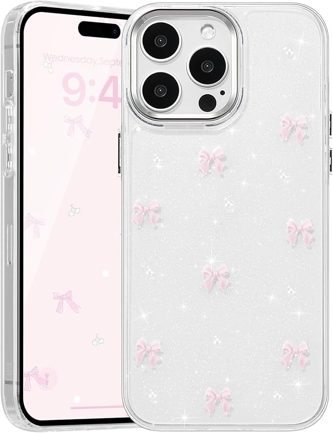 EYZUTAK Case for iPhone 14 Pro Max, Bling Glitter 3D Bowknot Phone Case Cute Sparkly Crystal Clear Bow Aesthetic Design Case Slim Soft Durable TPU Transparent Protective Cover for Women Girl-Pink Bow