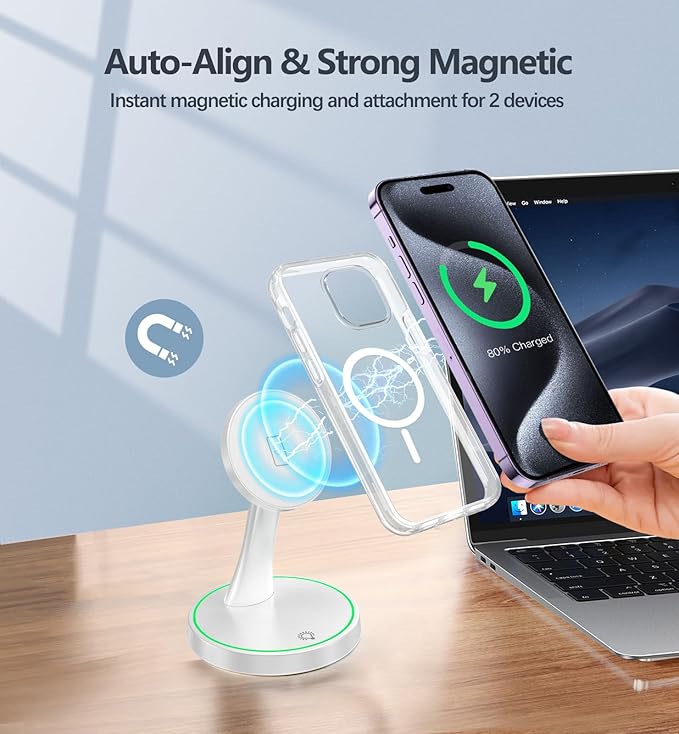 Magnetic Wireless Charger Stand 15W Fast Mag-Safe Charger for iPhone 17/17 pro/ 17 Air/ 17 pro max 16/15/14/13/12 Series Magnet Wireless Charging Station/Pad with Sleep-Friendly Light for AirPods