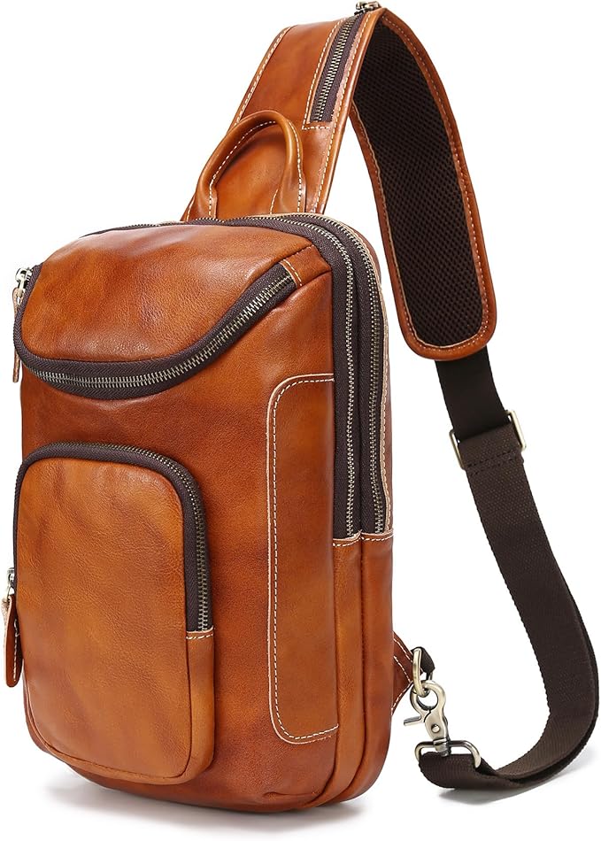 LANNSYNE Vintage Full Grain Leather Sling Bag Crossbody Chest Daypack