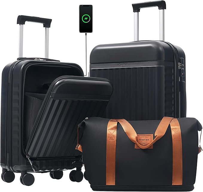 Merax Luggage Sets Front Opening, 2 Piece Hardshell Suitcase with Spinner Wheels and Bags,Lightweight Carry on Luggage with USB Port,20+24,Black