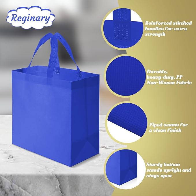 Reginary Reusable Totes Bags - 100 Pcs Non Woven Grocery Handle Bags for Shop Events & Retail Store(Blue)