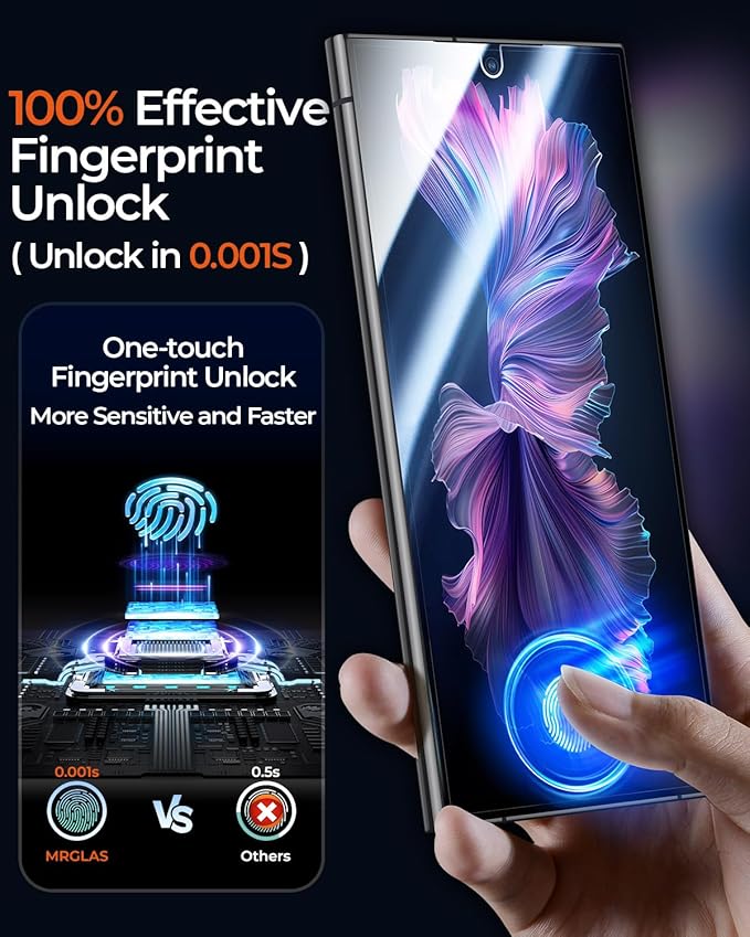 MRGLAS 2+2 Packs for Samsung Galaxy S24 Ultra Screen Protector 6.8'' with Camera Lens Protector [Auto-Dust Removal] [100% Fingerprint Unlock] HD 9H Tempered Glass 10X Military Protection, Zero-Bubble