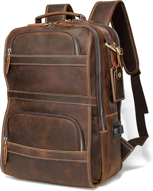 LANNSYNE Vintage Genuine Leather Backpack For Men 15.6 Inch Laptop Bag Overnight Weekender Camping Daypack Rucksack