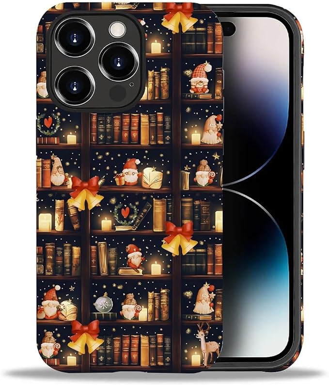 DAIZAG Case Compatible with for iPhone 14 Pro,Christmas Santa Claus Bookshelf Bells Phone Case for iPhone 14 Pro for Girl Women Boy Men