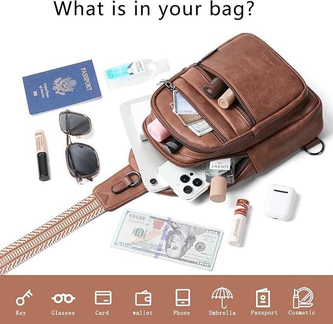 Sling Bag for Women Crossbody Bags Fanny Packs Over Shoulder Bag Sling Purse Backpack Vegan Leather Travel Brown