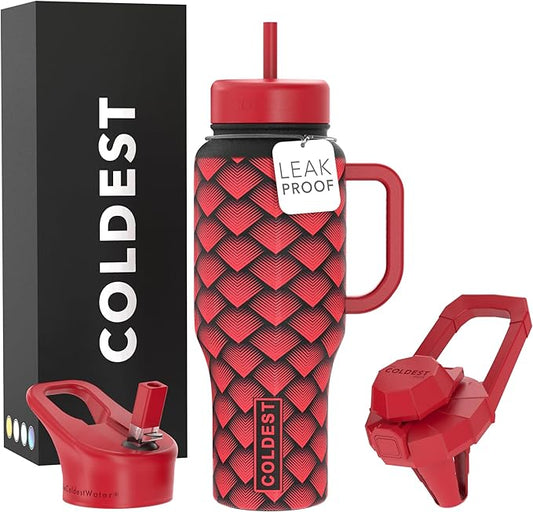 Coldest Tumbler with Handle and Straw - 100% Spill Proof Tumbler with Straw (3 Lids) - Stainless Steel Insulated Leakproof Tumblers for Women & Men - 36 oz (Red Dragon)