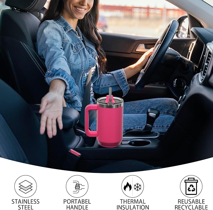 30 oz Tumbler with Handle,Tumbler with Lid and Straw,Double Wall Insulated Cup Stainless Steel Travel Mug(Cold for 34 Hours),Water Bottle for Iced Tea,Coffee,Cold Beverages(Gloss Pink)