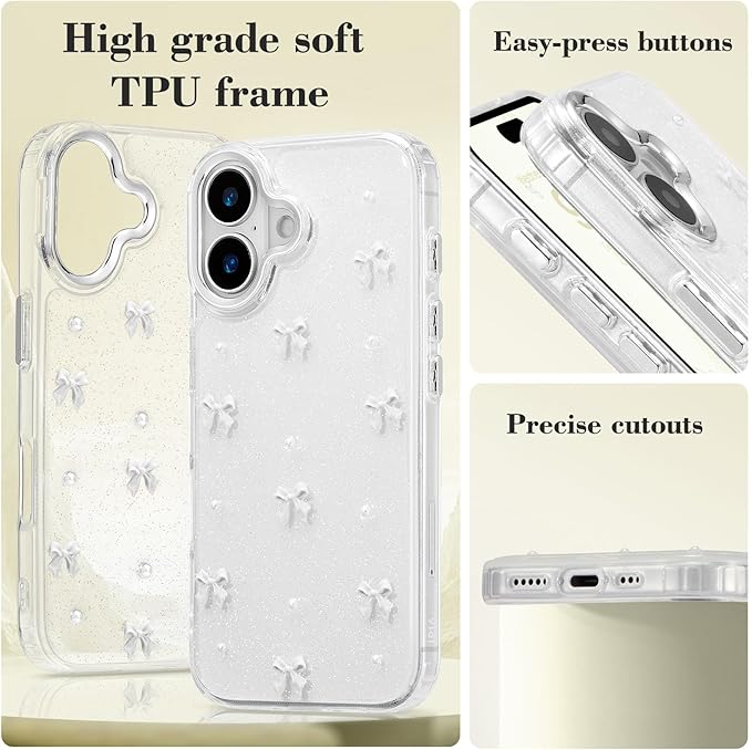 EYZUTAK Case for iPhone 16, Bling Glitter 3D Bowknot Phone Case Cute Sparkly Crystal Clear Bow Aesthetic Design Case Slim Soft Durable TPU Transparent Protective Cover for Women Girl - White Bow