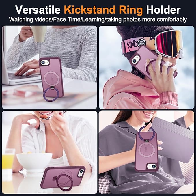 Compatible with iPhone 16E Case with Invisible Magnetic O-Ring Stand Military-Grade Translucent Case for iPhone 16E 6.1" 2025 [Compatible with Mag-Safe][Great Grip Feeling], Wine Red