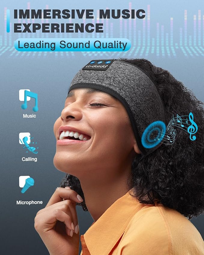 LC-dolida Sleep Headphones Bluetooth Headband, Headband, Sleep Mask with Bluetooth Thin HD Stereo Speakers Perfect for Side Sleepers, Sport, Yoga, Travel, Gray