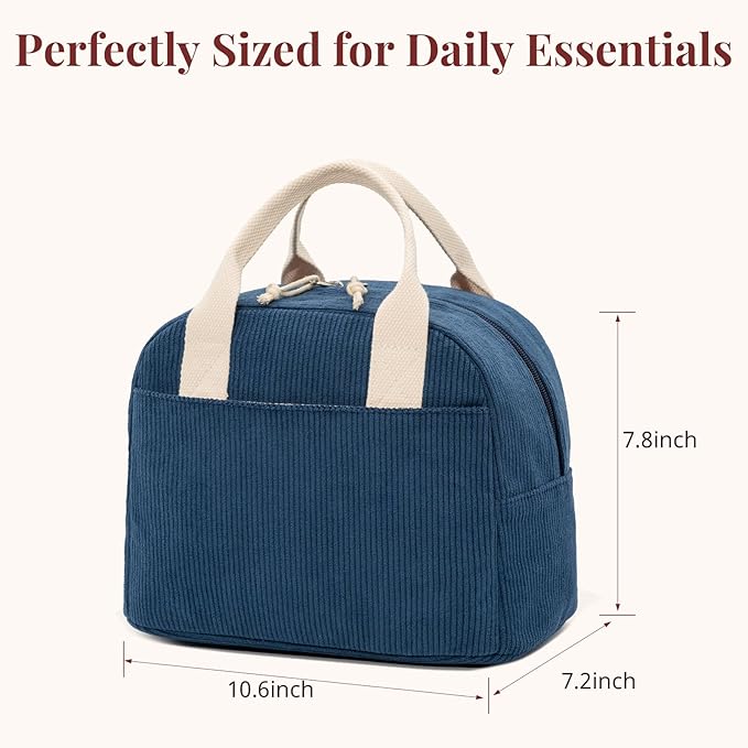 Insulated Navy Blue Lunch Bag for Women, Stylish Corduroy Tote with Aluminum Lining, Large Capacity Reusable Cooler for Work, Travel, or Beach, Beige Cream Water-Resistant Lunch Box