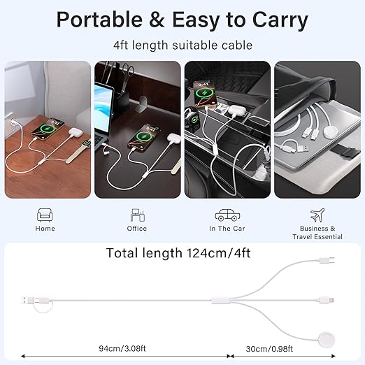 Travel Essentials,3 in 2 USB C Cable for Apple Watch Charger/iPhone 17 Charger/Lightning,Multi Charging Cable Cord,Vacation Camping Essentials,Portable Designed for iWatch &iPhone 16-12-4FT