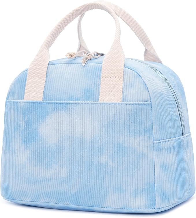 Insulated Sky Blue Lunch Bag for Women, Stylish Corduroy Tote with Aluminum Lining, Large Capacity Reusable Cooler for Work, Travel, or Beach, Beige Cream Water-Resistant Lunch Box