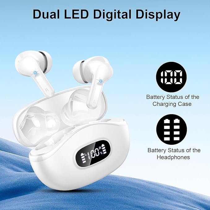 Wireless Earbuds, 2025 Bluetooth Headphones V5.3 HiFi Stereo Ear buds with ENC Noise Cancelling Mics, 40H Bluetooth Earbuds with Dual LED Display, IP7 Waterproof Earphones for Android iOS, White