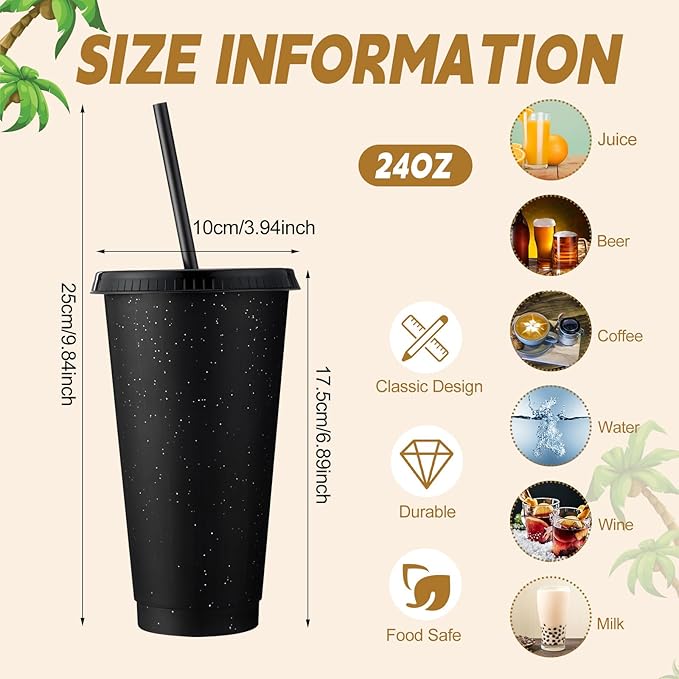 Honeydak 60 Pack Tumbler with Straw and Lid Bulk Glitter Plastic Cups Water Bottle Iced Coffee Travel Mug Reusable Party Favor Cups for Birthdays travel 24-27 oz (Black)