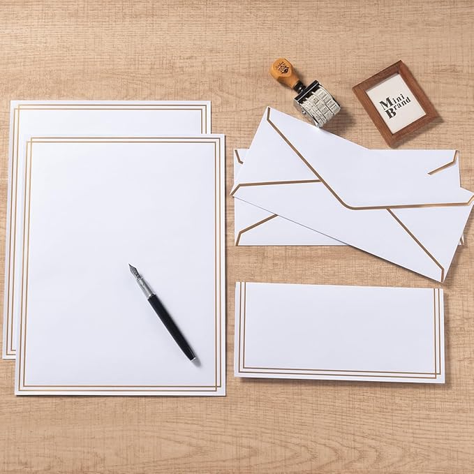 50 Pack Stationery Set with Gold Border, #10 Business Envelopes and 8.5x11 Paper Sheets and Stickers for Writing Letters (White, 8.5x11 Inches)