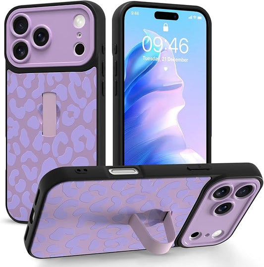 Compatible with iPhone 17 Pro Case with Finger Hand Strap Kickstand, Trendy Cool Leopard Cheetah Print Phone Case for Women Men, Full Camera Protection Shockproof Protective Cover, Purple
