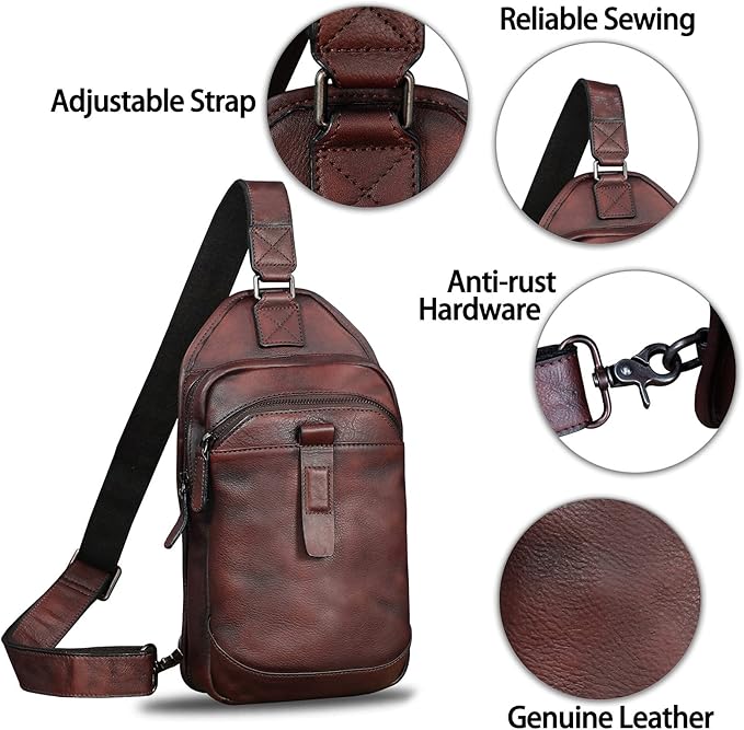 LRTO Genuine Leather Silng Bag for Men and Women Retro Leather Sling Backpack Purse Shoulder Crossbody Bag Chest Bag