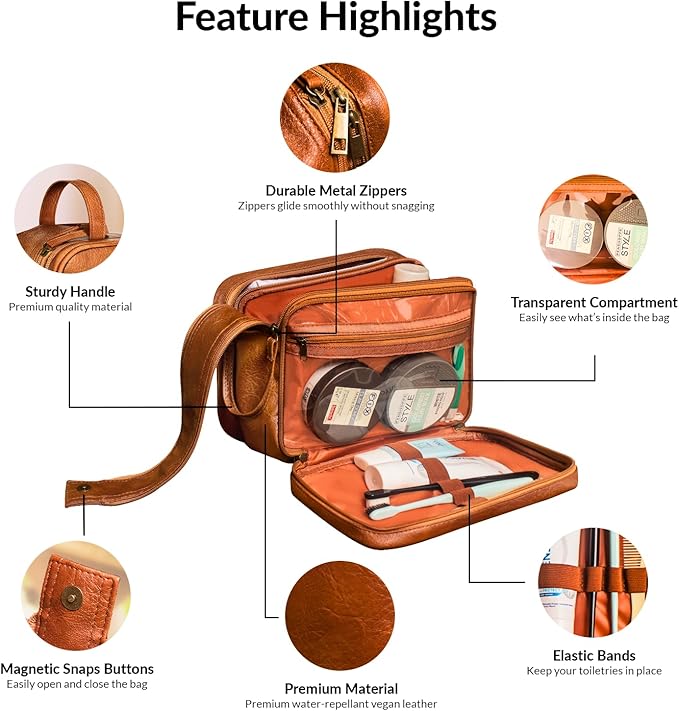 Dot&Dot Leather Toiletry Bag for Men Women - Spacious Womens Mens Toiletry Travel Bag, Large Travel Toiletries Bags (Rugged Brown, Large)