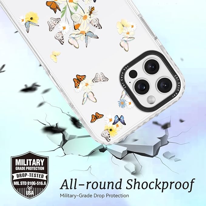 for iPhone 15 Pro Max Case Butterfly & Flower Pattern with Vintage Charm, Military-Grade Drop Protection, Cute Soft Slim TPU Protective Cover with Camera Lens Protection for Women & Girls