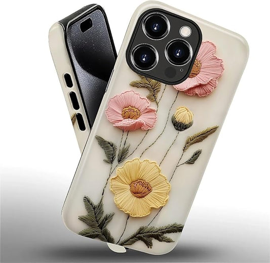 Case for iPhone 16 Pro Max Case,Faux Embroidery Boho Floral Design - Hybrid Dual Protection Silicone + Hard PC Shockproof Full Body Cover Slim Anti-Scratch Protective Case for Men Women
