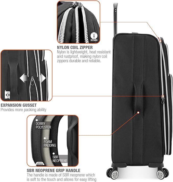 Traveler's Choice Lares Softside Expandable Luggage with Spinner Wheels, Black, 3 Piece Luggage Set