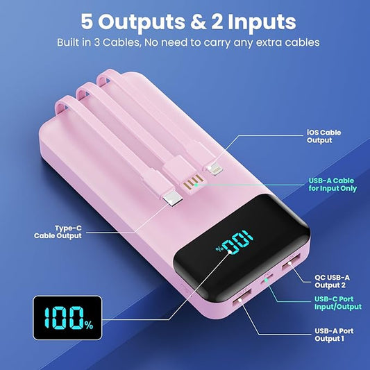 Portable Charger 40800mAh with 3 Built-in Cable,PD 25W USB C in&Out Power Bank Fast Phone Charging,QC4.0 LED Display 5 Output External Battery Pack Compatible with iPhone 16/15,Samsung Android-Peach