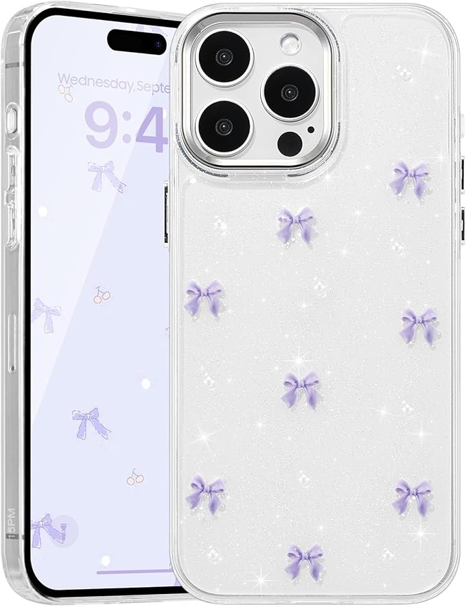 EYZUTAK Case for iPhone 15 Pro Max, Bling Glitter 3D Bowknot Phone Case Cute Sparkly Crystal Clear Bow Aesthetic Case Slim Soft Durable TPU Transparent Protective Cover for Women Girl-Purple Bow