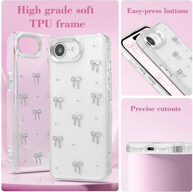 EYZUTAK Case for iPhone 16e, Bling Glitter 3D Bowknot Phone Case Cute Sparkly Crystal Clear Bow Aesthetic Design Cover Slim Soft Durable TPU Transparent Protective Cover for Women Girls - Bow