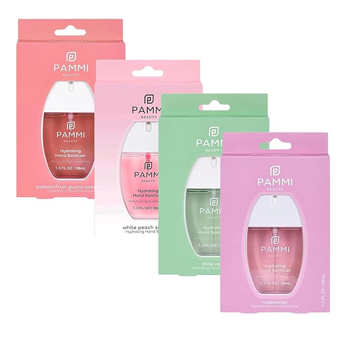 PAMMI Hand Sanitizer Spray Travel Size - Mini Scented Hand Sanitizer Spray Quicky Dry, Pocket Scented Hand Saniztier - 600-Sprays (4 Pack (Aloevera, Peach, Guava, Rose))